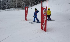 Zdjęcie przedstawia uczniów klasy pierwszej ZSMS Zakopane podczas treningu na nartach zjazdowych